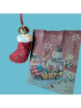 Beagle Dog Christmas Stocking Ornament Matching Gift Bag